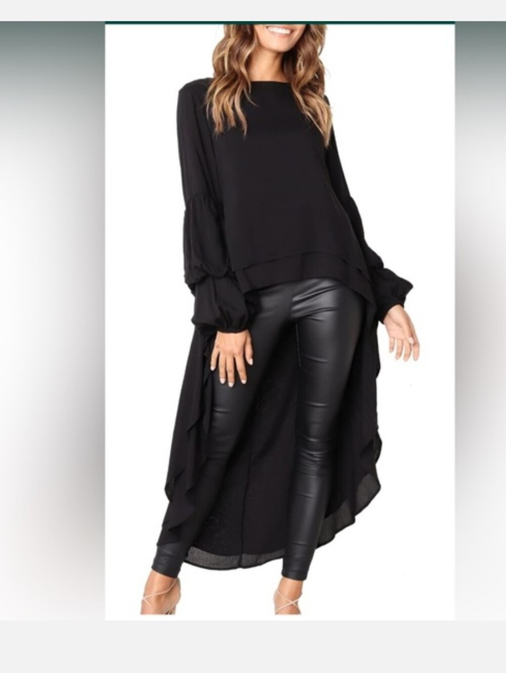 Prettygarden Black High Low Ruffle Sleeve Tunic Blouse